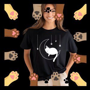 Cat resting on the moon in the stars White Cat Lovers Gift T-shirt
